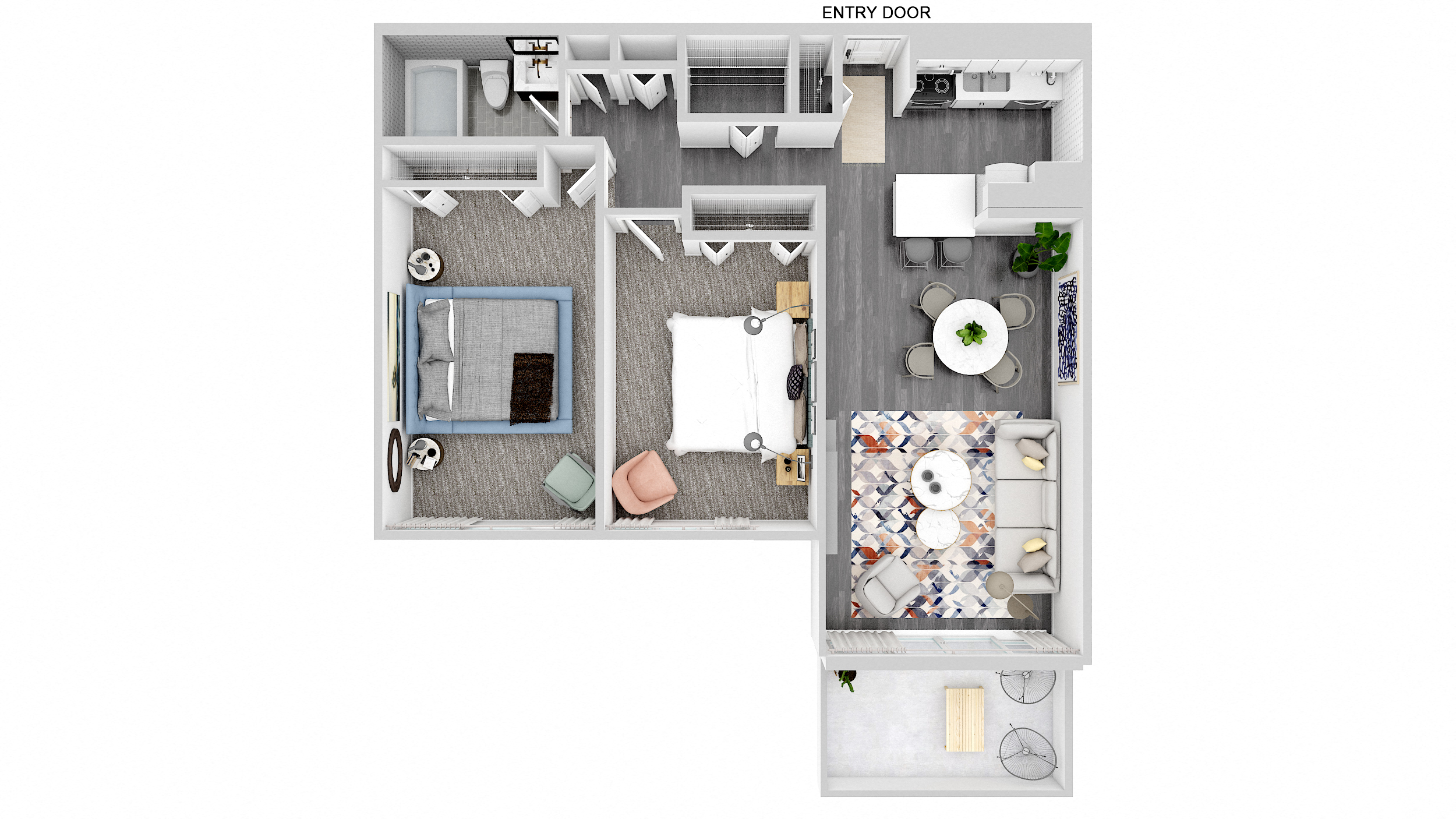 Floor plan for 2 beds, 1 bath, 909 sqft